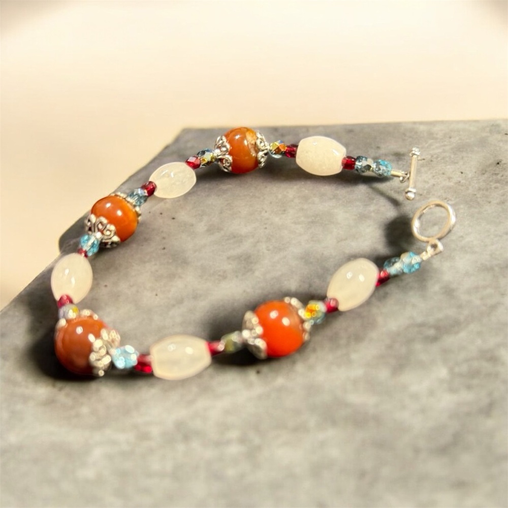Handcrafted Quartz & Red Agate Beaded Bracelet - Picture 4 of 6